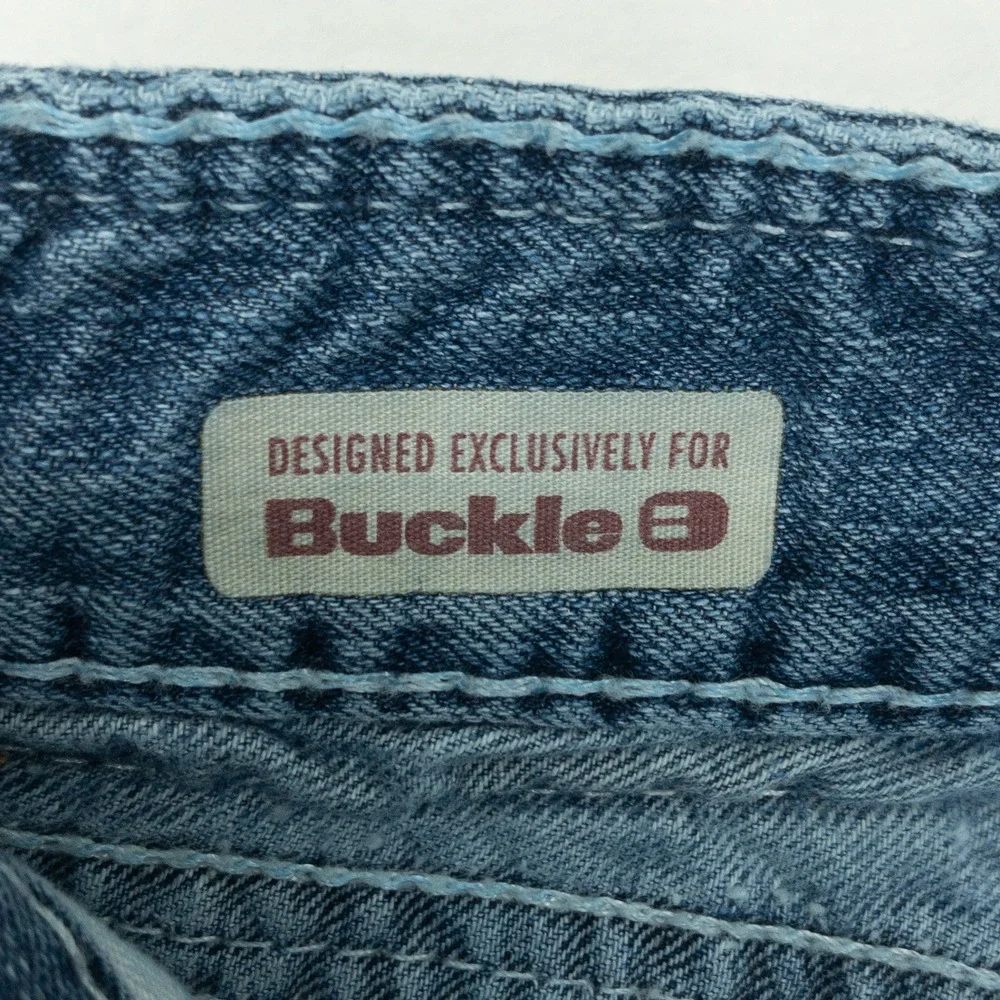 Big Star Pioneer Jeans Mens 33R Blue Distressed Boot Cut Raw Hem Buckle